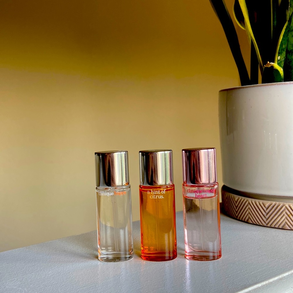 Clinique Perfume. Travel size Happy, Hint of Citrus, and Happy Heart